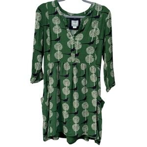 Maeve Anthropologie Dress Womens Medium Green Bird Print 3/4 Sleeve Mini Pocket